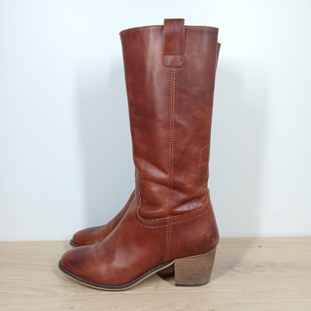 DUO Boots Womens 8.5 Brown Leather Knee High Block Heel Equestrian Riding Boho